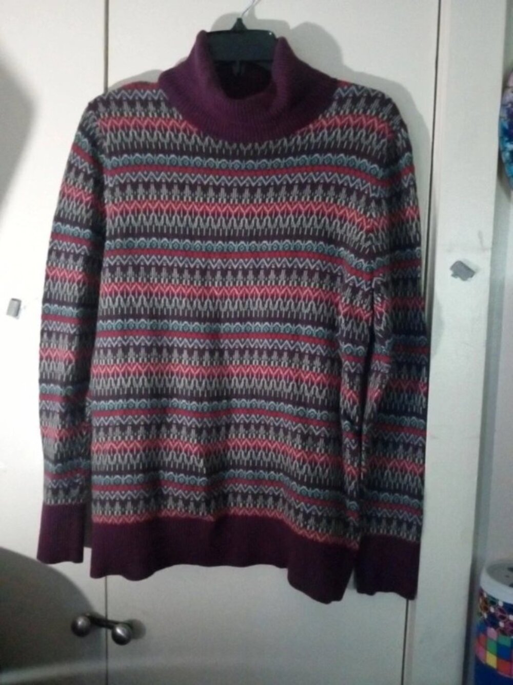 L.L. Bean Fair Isle Turtle/Cowl neck Sweater Cotton Cashmere Striped Large